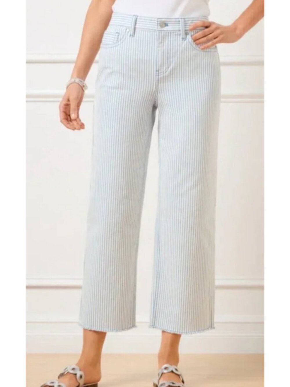 Talbots Petite Wide Leg Cropped High Rise Raw Hem Sailor Stripe Preppy Jeans